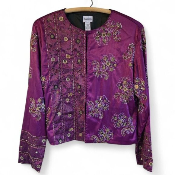 Chico's Jackets & Blazers - Chico's Plum Charmeuse Satin Heavily Beaded Jacket Womens Small